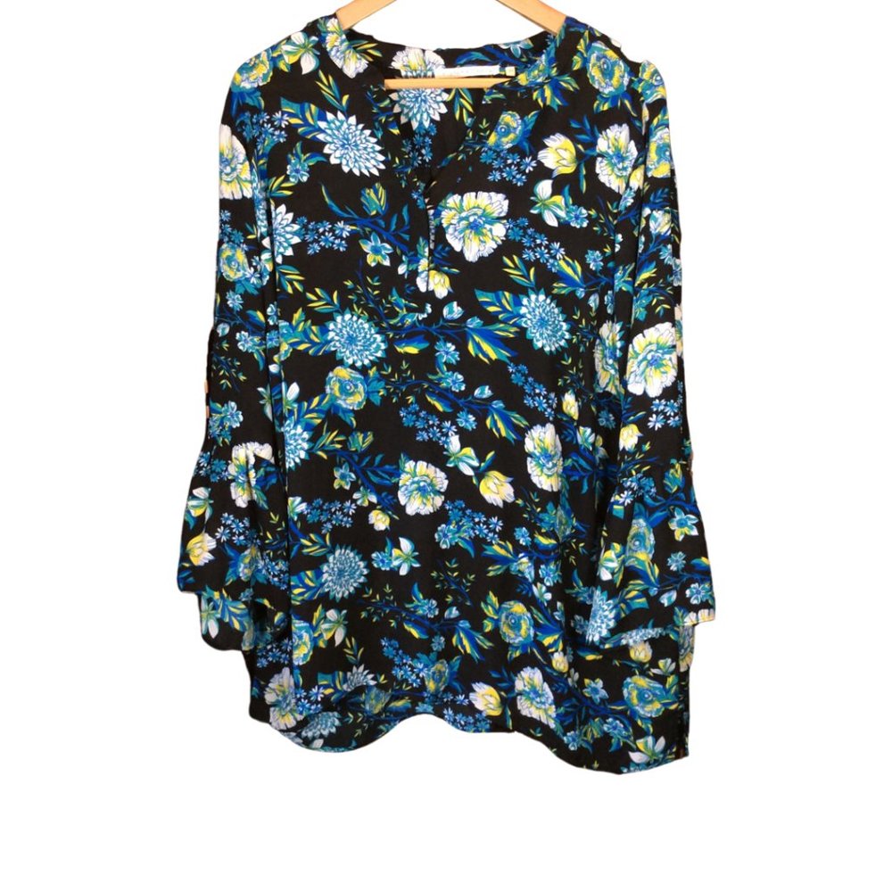 Size: 2X - Blue/Green/Yellow Floral Sheer Blouse w/ Bell Sleeves
